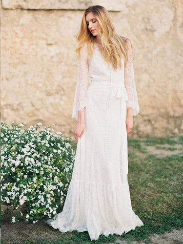 Long Sleeve Wedding Dresses Romantic V-neck A-line Long Open Back Lace Bridal Gown JKW304|Annapromdress