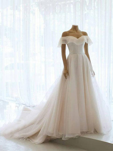 Simple Wedding Dresses Aline Long Train Off-the-shoulder Organza Chic Bridal Gown JKW305|Annapromdress