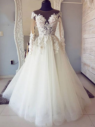 Long Sleeve Wedding Dresses Scoop A Line Chic Cheap Lace Backless Bridal Gown JKW306|Annapromdress
