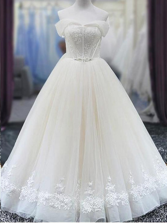 Chic Wedding Dresses with Bling Aline Floor-length Off-the-shoulder Lace Bridal Gown JKW308|Annapromdress