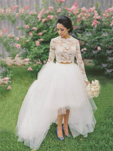 High Low Wedding Dresses A-line Beautiful Lace Long Sleeve Beach Bridal Gown JKW310|Annapromdress
