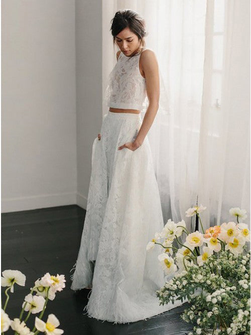 Two Piece Wedding Dresses with Pockets A Line Plume Sweep Train Chic Lace Bridal Gown JKW313|Annapromdress