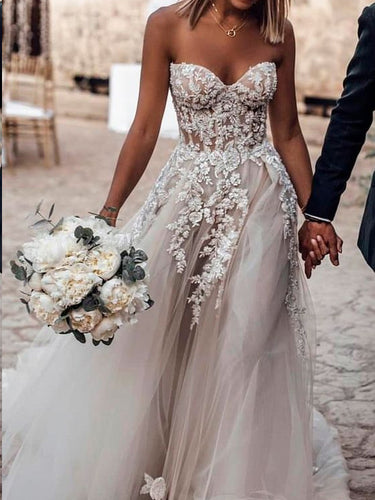 Beautiful Wedding Dresses Sweetheart Sweep Train Aline See Through Long Bridal Gown JKW315|Annapromdress