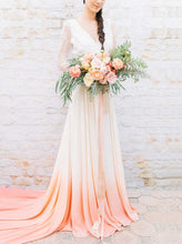 Ombre Wedding Dresses V-neck Aline Romantic Long Sleeve Two Piece Bridal Gown JKW318|Annapromdress