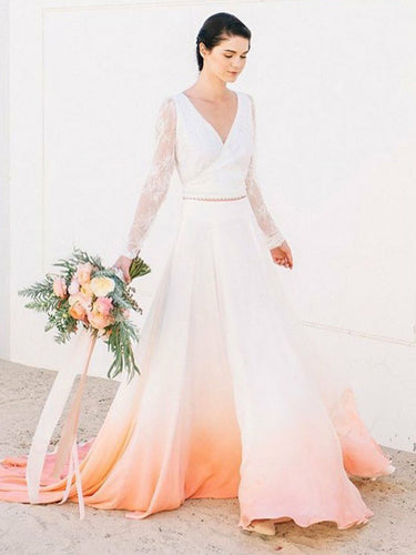 Ombre Wedding Dresses V-neck Aline Romantic Long Sleeve Two Piece Bridal Gown JKW318|Annapromdress