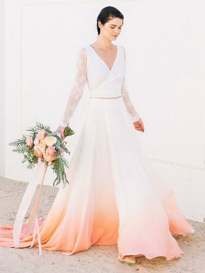 Ombre Wedding Dresses V-neck Aline Romantic Long Sleeve Two Piece Brid Anna PromDress Ombre Wedding Dresses V-neck Aline Romantic Long Sleeve Two Piece Brid Anna PromDress