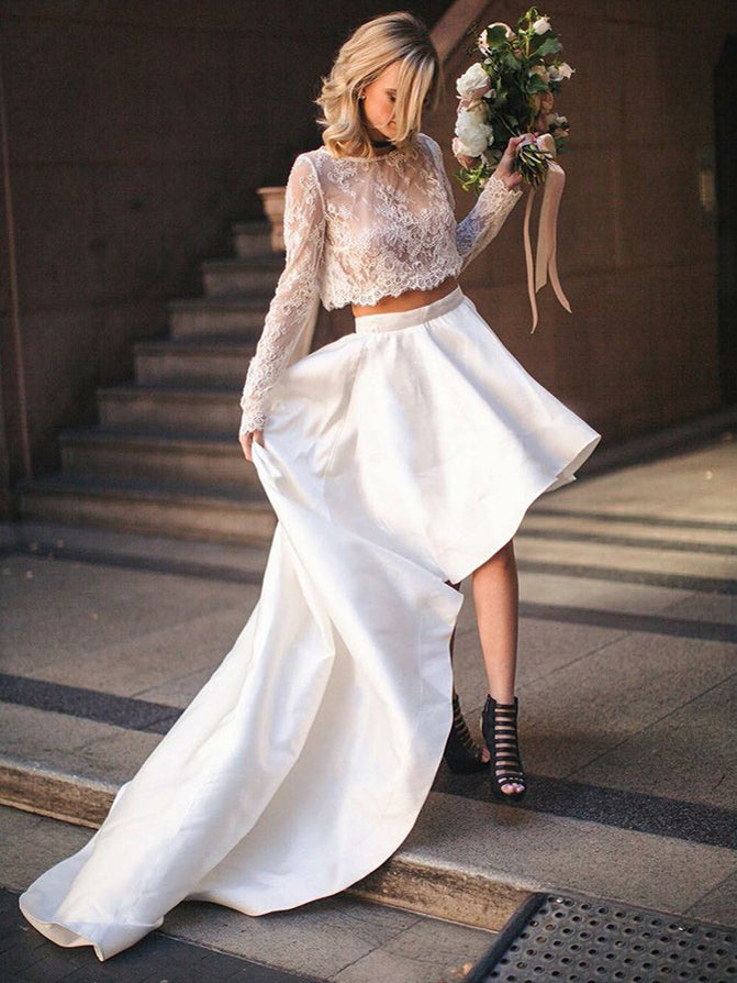 Two Piece Wedding Dresses Romantic Simple Lace A-line High Low Long Sl Anna PromDress Two Piece Wedding Dresses Romantic Simple Lace A-line High Low Long Sl Anna PromDress