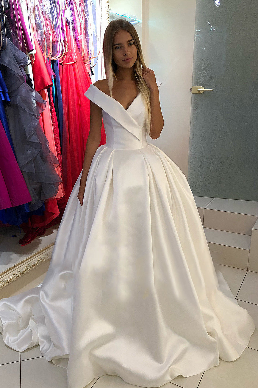 Simple Wedding Dresses Aline V-neck Open Back Long Train Satin Classic Anna PromDress Simple Wedding Dresses Aline V-neck Open Back Long Train Satin Classic Anna PromDress