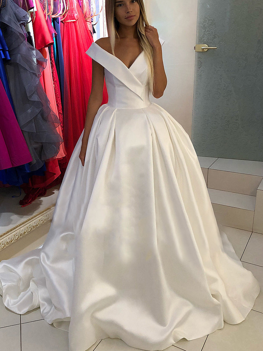 Simple Wedding Dresses Aline V-neck Open Back Long Train Satin Classic Bridal Gown JKW322|Annapromdress