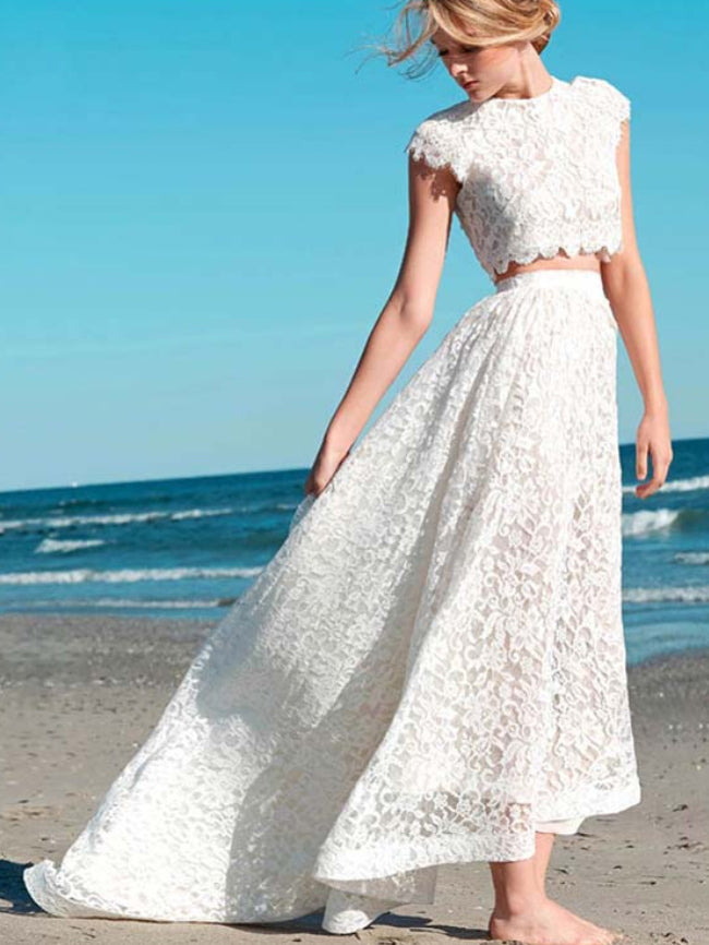 Two Piece Wedding Dresses Aline Cap Sleeves Lace High Low Beach Bridal Gown JKW324|Annapromdress