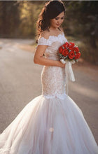 Mermaid Wedding Dresses Short Sleeves Sweep Train Beading Long Sparkly Bridal Gown JKW325|Annapromdress