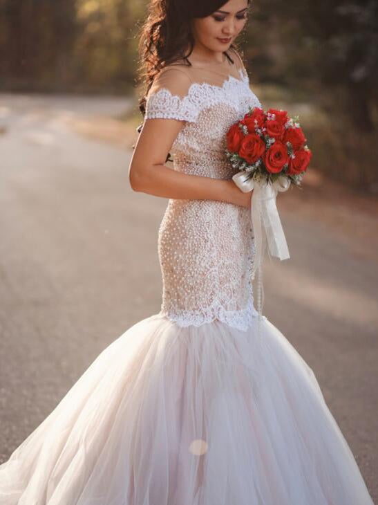 Mermaid Wedding Dresses Short Sleeves Sweep Train Beading Long Sparkly Bridal Gown JKW325|Annapromdress