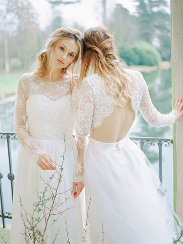 Two Piece Wedding Dresses A Line Ivory Floor-length Chic Lace Long Sleeve Bridal Gown JKW331|Annapromdress