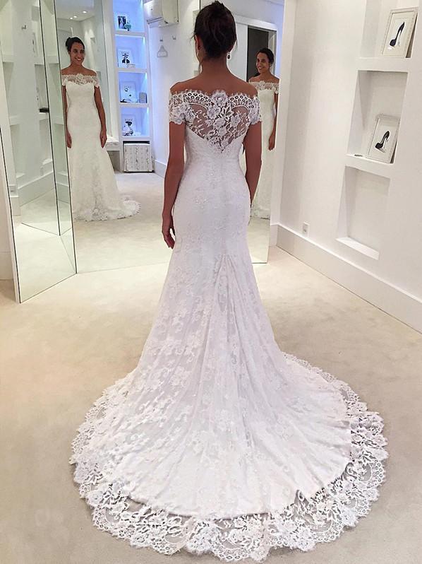 Mermaid Wedding Dresses Romantic Short Sleeve Sweep Train Lace