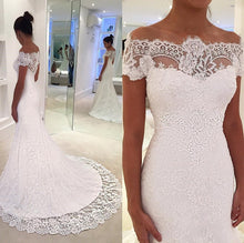 Mermaid Wedding Dresses Romantic Short Sleeve Sweep Train Lace White Bridal Gown JKW336|Annapromdress