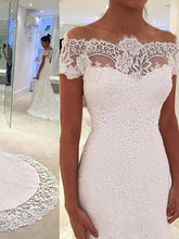 Mermaid Wedding Dresses Romantic Short Sleeve Sweep Train Lace White Bridal Gown JKW336|Annapromdress