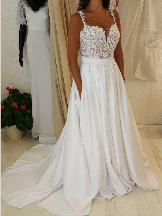 Simple Wedding Dresses with Straps Appliques Aline Romantic Beautiful Bridal Gown JKW339|Annapromdress