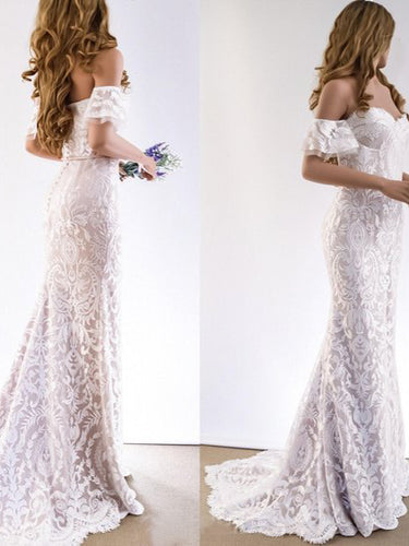 Lace Wedding Dresses Sheath Off-the-shoulder Short Sleeve Romantic Beach Bridal Gown JKW348|Annapromdress