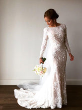 Lace Wedding Dresses Bateau Mermaid Long Sleeve Sparkly Romantic Bridal Gown JKW352|Annapromdress
