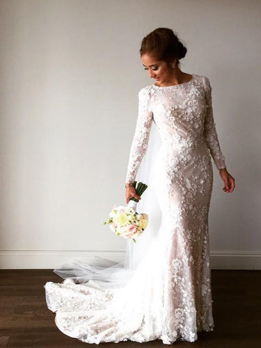 Lace Wedding Dresses Bateau Mermaid Long Sleeve Sparkly Romantic Bridal Gown JKW352|Annapromdress