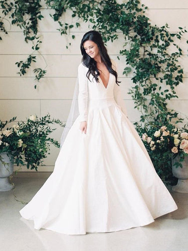 Long Sleeve Wedding Dresses Brush Train Chic Deep V Sexy Simple Bridal Gown JKW355|Annapromdress
