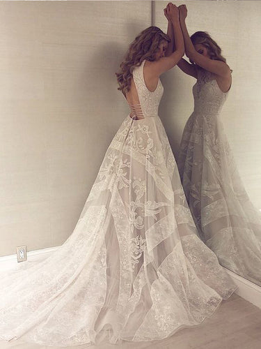 Open Back Wedding Dresses Aline Scoop Appliques Beautiful Long Train Lace Bridal Gown JKW358|Annapromdress