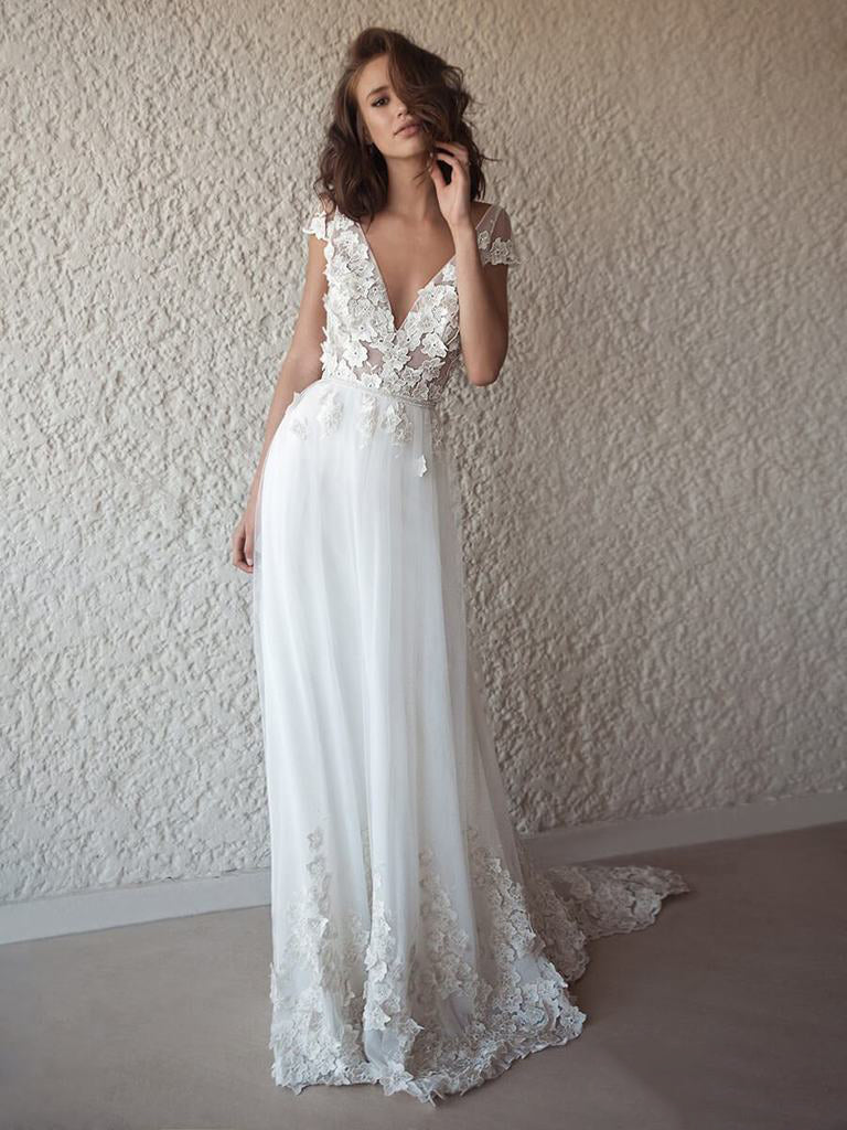 Open Back Wedding Dresses A-line V-neck Appliques Romantic Backless Simple Bridal Gown JKW357|Annapromdress