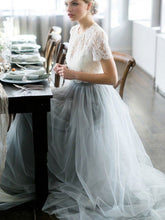 Two Piece Wedding Dresses A-line Sweep Train Lace Simple Tulle Bridal Gown JKW366|Annapromdress