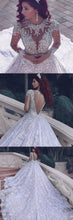 Ball Gown Wedding Dresses Romantic Long Sleeve Long Train Lace Bridal Gown JKW367|Annapromdress