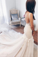 Open Back Wedding Dresses with Straps Mermaid Long Train Floral Appliques Lace Bridal Gown JKW369|Annapromdress