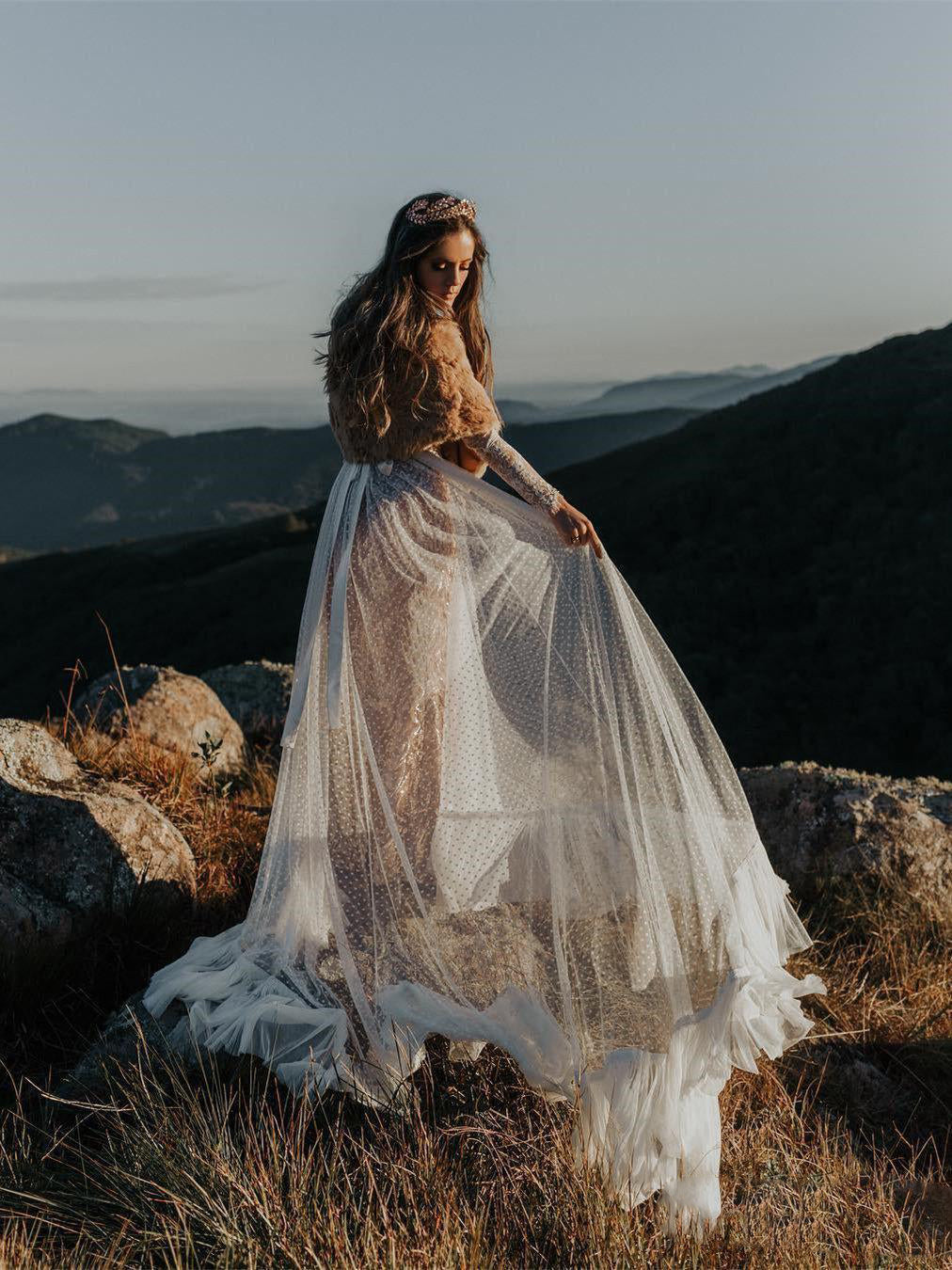 Long Sleeve Wedding Dresses V-neck Long Train Polka Dot Lace Open Back Anna PromDress Long Sleeve Wedding Dresses V-neck Long Train Polka Dot Lace Open Back Anna PromDress