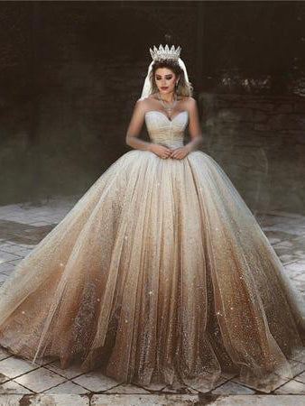Ball Gown Wedding Dresses Sweetheart Luxury Ombre Gold Sparkly Big Bridal Gown JKW372|Annapromdress