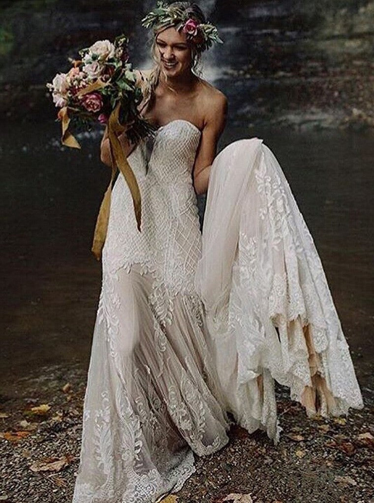 Romantic Wedding Dresses Sweetheart Sheath Column Long Train Chic Bridal Gown JKW376|Annapromdress