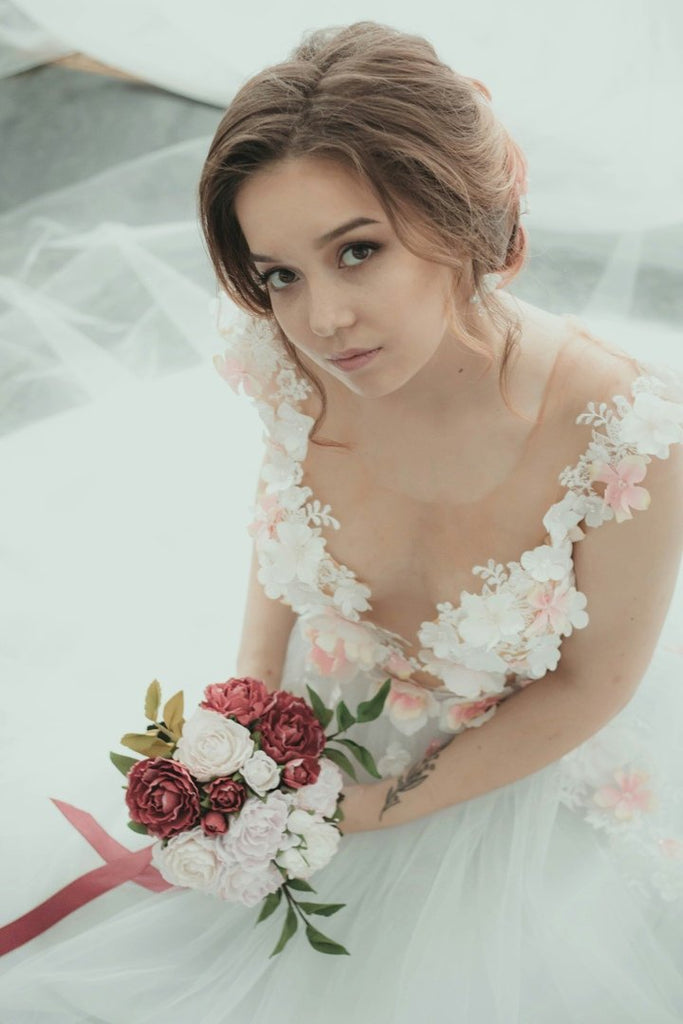 Open Back Wedding Dresses Aline Scoop 3D Flowers Appliques Floral Chea ...
