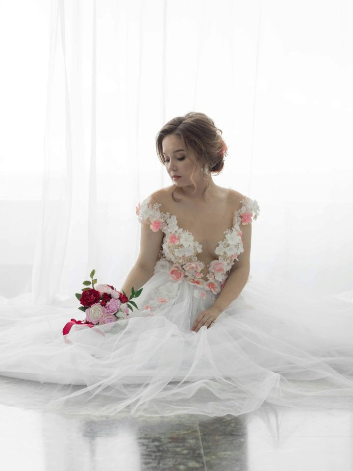 Open Back Wedding Dresses Aline Scoop 3D Flowers Appliques Floral Chea ...