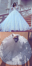 Long Sleeve Wedding Dresses V-neck Ball Gown Long Train Elegant Luxury Big Bridal Gown JKW378|Annapromdress