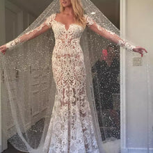 Long Sleeve Wedding Dresses Mermaid Button Back Long Train Lace Luxury Bridal Gown JKW379|Annapromdress