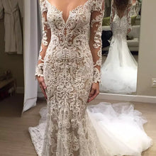 Long Sleeve Wedding Dresses Mermaid Button Back Long Train Lace Luxury Bridal Gown JKW379|Annapromdress