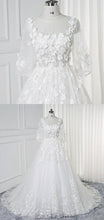 Lace Wedding Dresses Scoop Aline 3D Flowers Romantic 3/4-Length Sleeve White Bridal Gown JKW380|Annapromdress