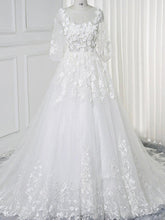 Lace Wedding Dresses Scoop Aline 3D Flowers Romantic 3/4-Length Sleeve White Bridal Gown JKW380|Annapromdress