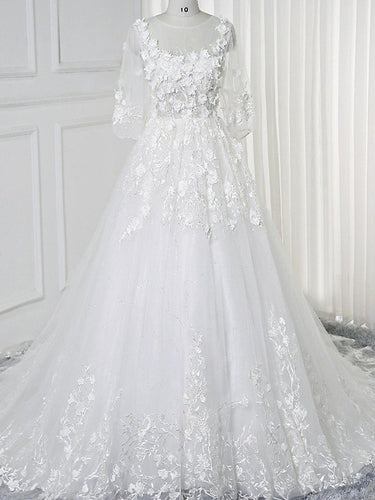 Lace Wedding Dresses Scoop Aline 3D Flowers Romantic 3/4-Length Sleeve White Bridal Gown JKW380|Annapromdress