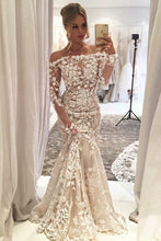 Mermaid Off-the-Shoulder Long Sleeves Ivory Tulle Wedding Dress with Appliques JKW9001