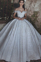 Ball Gown Off-the-Shoulder Court Train Ivory Satin Wedding Dress with Appliques JKW9002