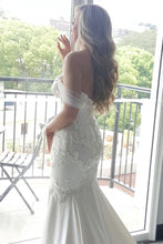 Mermaid Off-the-Shoulder Chapel Train White Satin Wedding Dress with Appliques JKW9004