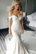 Mermaid Off-the-Shoulder Chapel Train White Satin Wedding Dress with Appliques JKW9004