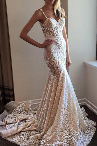 Exquisite Spaghetti Straps Mermadi Lace Wedding Dress with Sweep Train JKW9005