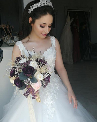 Ball Gown Lace Appliques Modest Tulle Princess Wedding Dress,JKZ6117|Annapromdress
