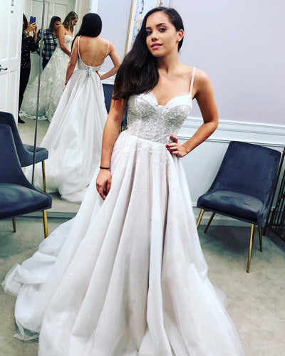 Sweetheart Spaghetti Straps Tulle Beaded A-Line Wedding Dress Bridal Gown,JKZ6123|Annapromdress