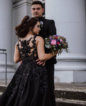 Scoop Tulle Appliques with Beading Black Wedding Dress Long Prom Dress,JKZ6124|Annapromdress