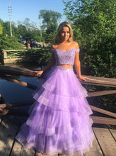 Off-the-Shoulder Lace Appliques Lavender Tulle Two Piece Prom DRESS,JKZ7110|Annapromdress